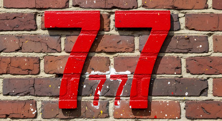 Vivid red number 77 boldly painted on a rustic brick wall. The background shows weathered brick...