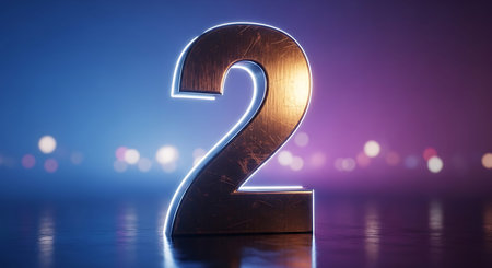 Prominent number two in a metallic finish, illuminated by vibrant blue and purple neon light....