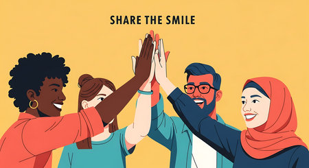 Group of diverse individuals, men and women of various ethnicities, giving a high five. Share the...