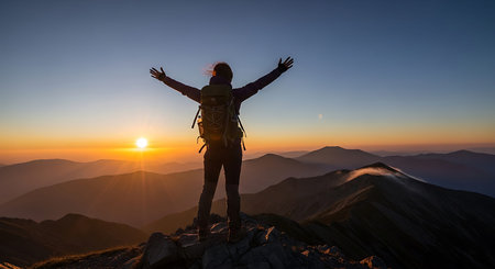 Adventurous woman hiker stands victoriously on mountain summit, arms outstretched in celebration...