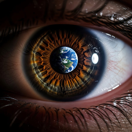 Extreme close up of hazel eye with planet earth reflected in pupil. Intricate patterns of brown iris...