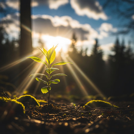 New life emerges from forest floor. Sunlight beams through trees, illuminating a small plant and...