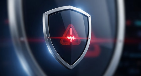 Silver shield emblem with glowing red warning triangle and pulse line. Symbolizes security breach,...