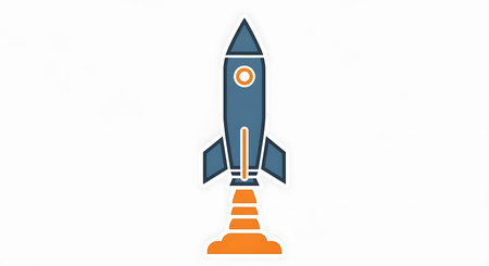 Stylized spacecraft vector art featuring bold outlines and vibrant colors. Rocketship symbol...