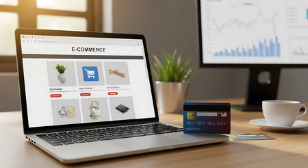 Laptop displaying e-commerce webpage with product images, next to credit card, coffee cup, and another monitor showing charts on a wooden desk.