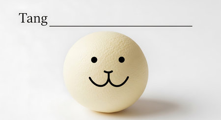 Cute seal face drawing on a smooth ostrich egg with textured surface, displayed on a clean white background with the word tang.