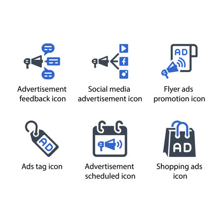 Feedback, Social media, Flyer, Ads tag, Advertisement scheduled, Shopping ads, Iconのイラスト素材