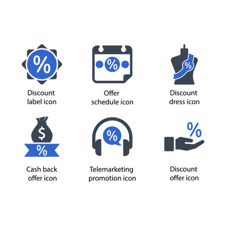 Discount label, Offer schedule, Discount dress, Cash back, Telemarketing, Discount offer, iconのイラスト素材