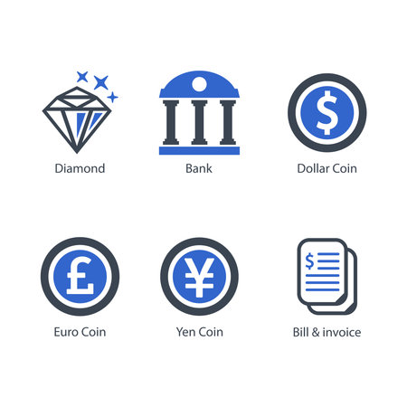 Diamond, Bank, Dollar Coin, Euro Coin, Yen Coin, Bill & Invoice, iconのイラスト素材