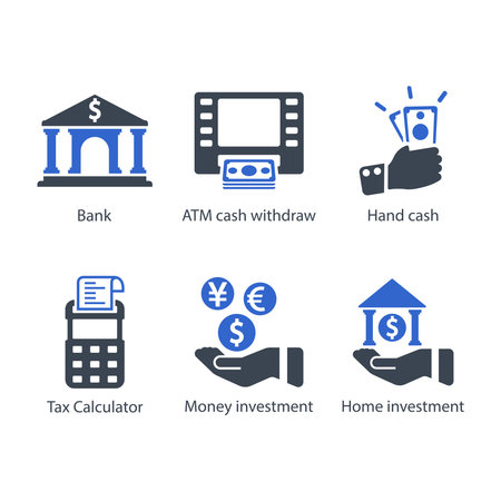 Bank, ATM cash withdraw, Hand cash, Tax calculator, Money investment, Home investment, iconのイラスト素材