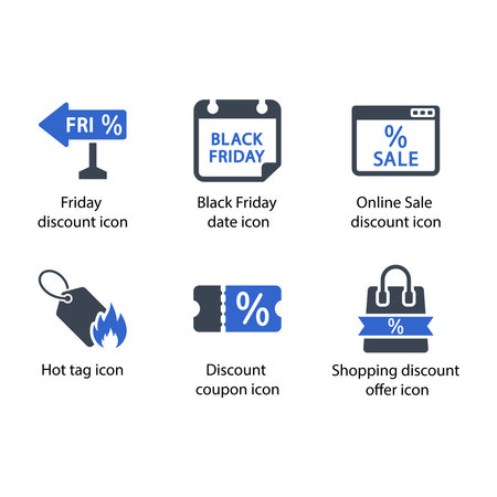 Friday discount, Black Friday, Online Sale discount, Hot tag, Discount coupon, discount offer, iconのイラスト素材