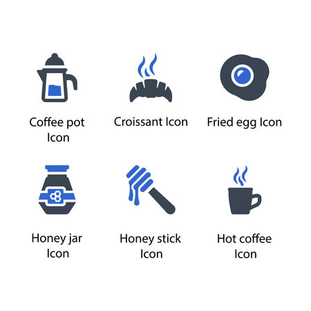 Coffee pot, Croissant, Fried egg, Honey jar, Honey stick, Hot coffee, iconのイラスト素材