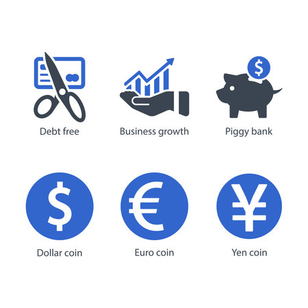 Debt free, Business growth, Piggy bank, Dollar coin, Euro coin, yen coin, iconのイラスト素材