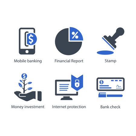 Mobile banking, Financial Report, Stamp, Money investment, Internet protection, Bank check, iconのイラスト素材