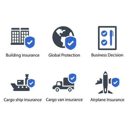 Building insurance, Global Protection, Decision, ship insurance, van insurance, Airplane Insurance, iconのイラスト素材