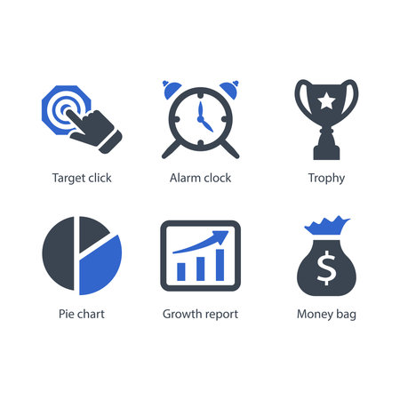 Target click, Alarm clock, Trophy, Pie chart, Growth report, Money bag, iconのイラスト素材