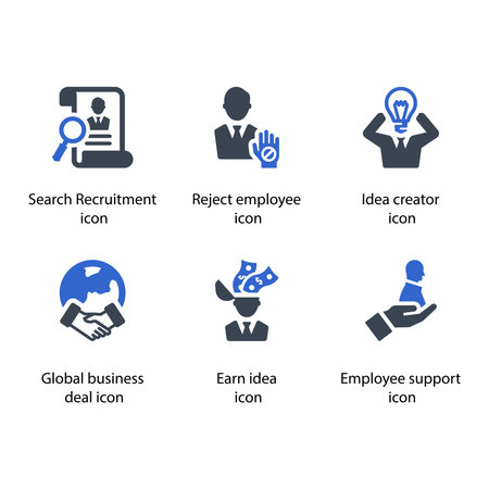 Search Recruitment, reject employee, Idea creator, Global business deal, Earn idea, Employee support, iconのイラスト素材