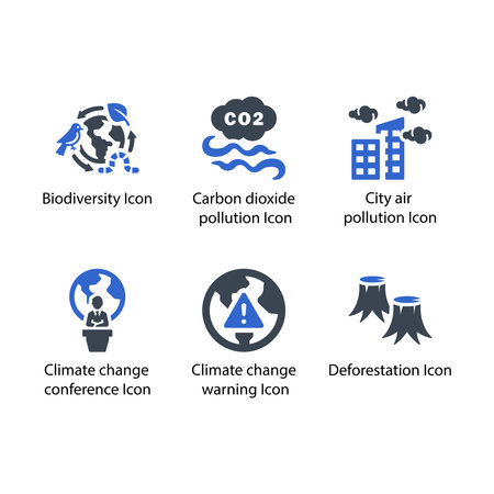 Biodiversity, Carbon dioxide pollution, City air pollution, conference, warning, Deforestation, iconのイラスト素材