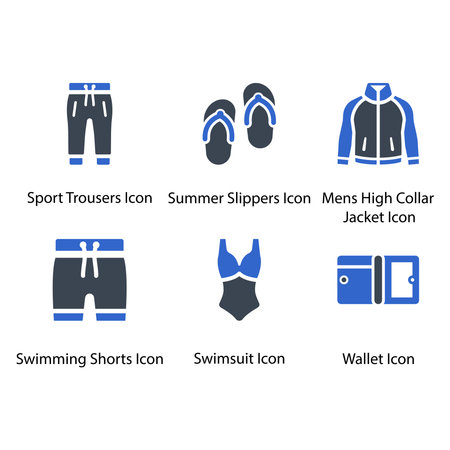 Sport Trousers, Summer Slippers, Menâs Jacket, Swimming Shorts, Swimsuit, Wallet , iconのイラスト素材