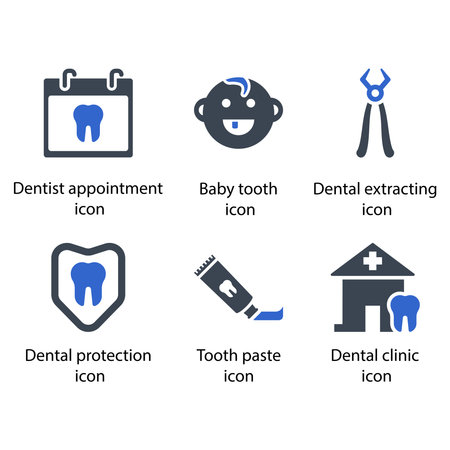 Dentist appointment, Baby tooth, Dental extracting, Dental protection, Tooth paste, Dental clinic, iconのイラスト素材