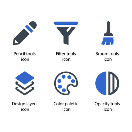 Pencil tools, Filter tools, Broom tools, Design layers, Color palette, Opacity tools, iconのイラスト素材