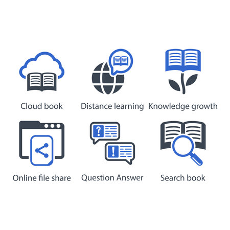 Cloud book, Distance learning, Knowledge growth, Online file share, Question Answer, Search book, iconのイラスト素材
