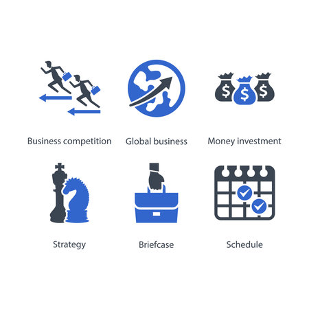 Business competition, Global business, Money investment, Strategy, Briefcase, Schedule, iconのイラスト素材