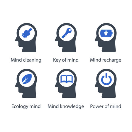 Cleaning, Key of mind, recharge, Ecology, knowledge, Power of mind, iconのイラスト素材
