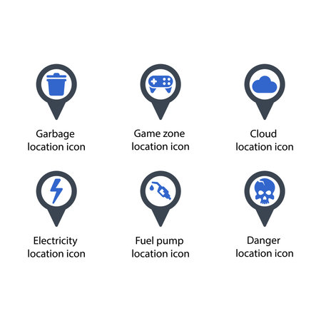 Garbage, Game zone, Cloud, Electricity, Fuel pump, Danger, location iconのイラスト素材