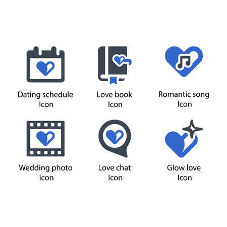 Dating schedule, Love book, Romantic song, Wedding photo, Love chat, Glow love, icon