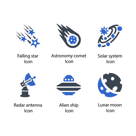 Falling star, Astronomy comet, Solar system, Radar antenna, Alien ship, Lunar moon, iconのイラスト素材