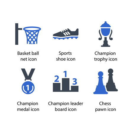 Basketball net, Sports shoe, Champion trophy, Champion medal, Leader board, Chess pawn, iconのイラスト素材