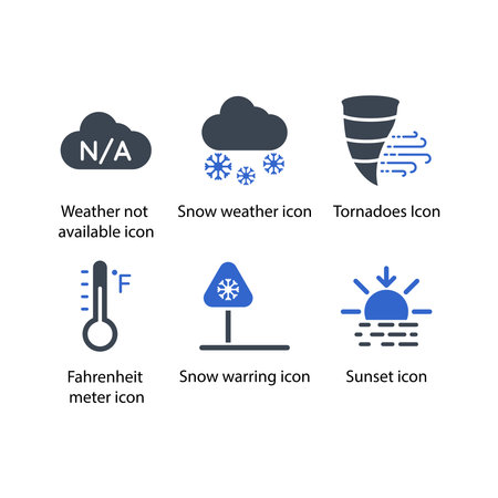 Weather not available, Snow weather, Tornadoes, Fahrenheit meter, Snow warring, Sunset, iconのイラスト素材