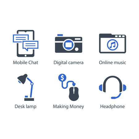 Mobile Chat, Digital camera, Online music, Desk lamp, Making Money, Headphone, iconのイラスト素材