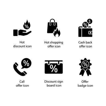 Hot discount, Hot shopping offer, Cash back offer, Call offer, Discount sign board, Offer badge, iconのイラスト素材