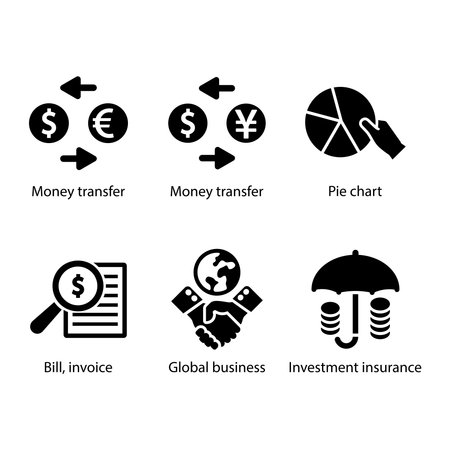 Money transfer, Pie chart, Bill invoice, Global business, Investment insurance, iconのイラスト素材