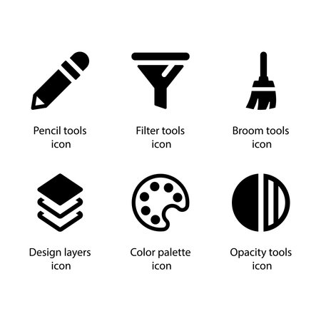 Pencil tools, Filter tools, Broom tools, Design layers, Color palette, Opacity tools, iconのイラスト素材