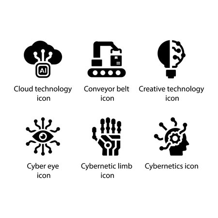 Cloud technology, Conveyor belt, Creative technology, Cyber eye, Cybernetic limb, Cybernetics, iconのイラスト素材