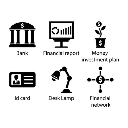 Bank, Financial report, Money investment plan, Id card, Desk Lamp, Financial network, iconのイラスト素材