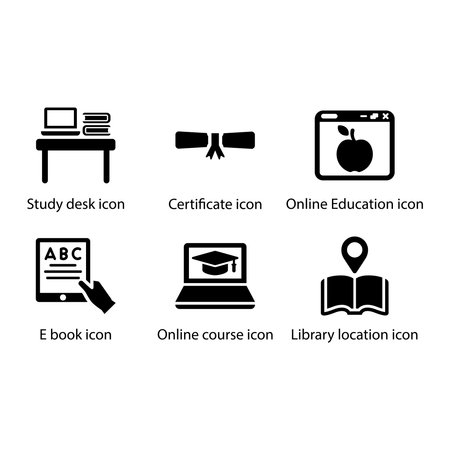 Study desk, Certificate, Online Education, E book, Online course, Library location, iconのイラスト素材