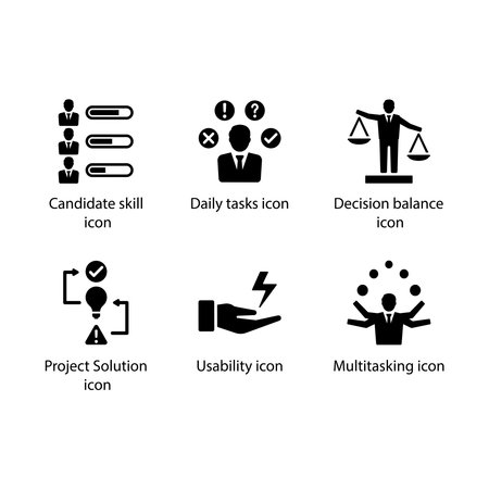 Candidate skill, Daily tasks, Decision balance, Project Solution, Usability, Multitasking, iconのイラスト素材