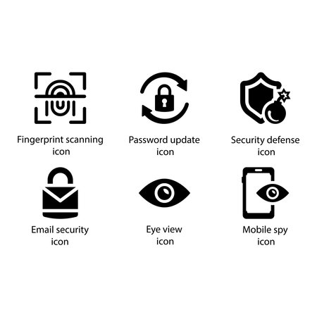 Fingerprint scanning, Password update, Security defence, Email security, Eye view, Mobile spy, iconのイラスト素材