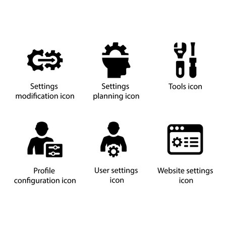 Settings modification, Settings planning, Tools, Profile configuration, User settings, Website settings, iconのイラスト素材