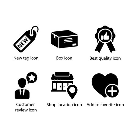 New tag, Box, Best quality, Customer review, Shop location, Add to favourite, iconのイラスト素材