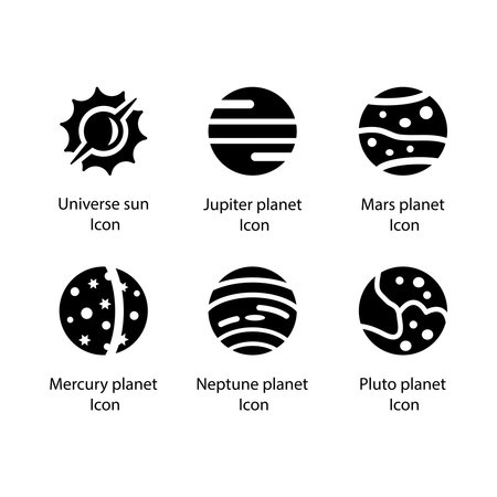 Universe sun, Jupiter planet, Mars planet, Mercury planet, Neptune planet, Pluto planet, iconのイラスト素材
