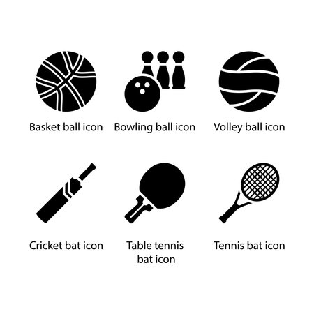 Basketball, Bowling ball, Volley ball, Cricket bat, Table tennis bat, Tennis bat, iconのイラスト素材