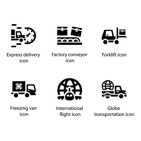 Express delivery, Factory conveyor, Forklift, Freezing van, International flight, Globe transportation, iconのイラスト素材
