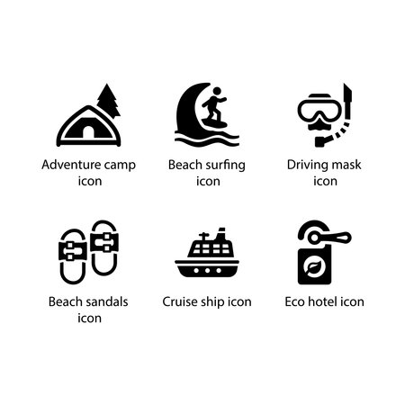 Adventure camp, Beach surfing, Driving mask, Beach sandals, Cruise ship, Eco hotel, iconのイラスト素材