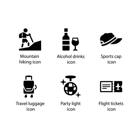 Mountain hiking, Alcohol drinks, Sports cap, Travel luggage, Party light, Flight tickets, icon