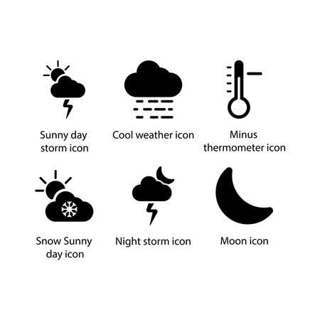 Sunny day storm, Cool weather, Minus thermometer, Sunny day snow, Night storm, Moon, iconのイラスト素材